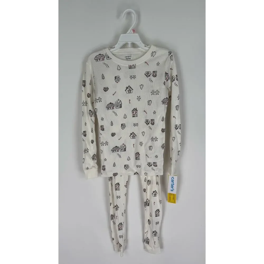 Carters Kids Long Sleeve Waffle Gingerbread Thermal Pajamas Set Size 10 Ivory